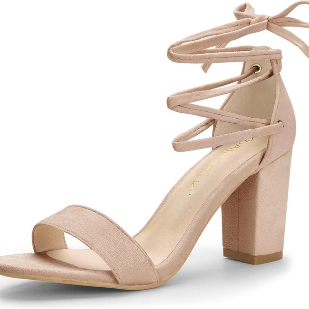 Allegra K Tie Up Strappy Heels Chunky Heel Nude Heels Size 8 Single Fron…